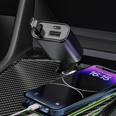 Cross-Border Retractable Car Charger Pd80W Fast Charging Dustproof Silicone Two-In-One Car Mobile Phone Charger