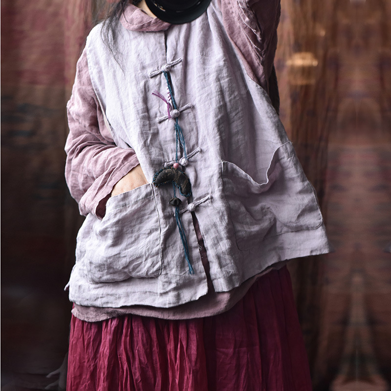 203 Four Seasons Double-layer Washed Old Linen Women's Vest with Vertical Collar and Buckle Ethnic Style Vintage Vest