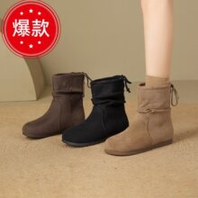 美拉德时尚短靴女2025春夏新款外穿复古百搭内增高加绒褶皱堆堆靴