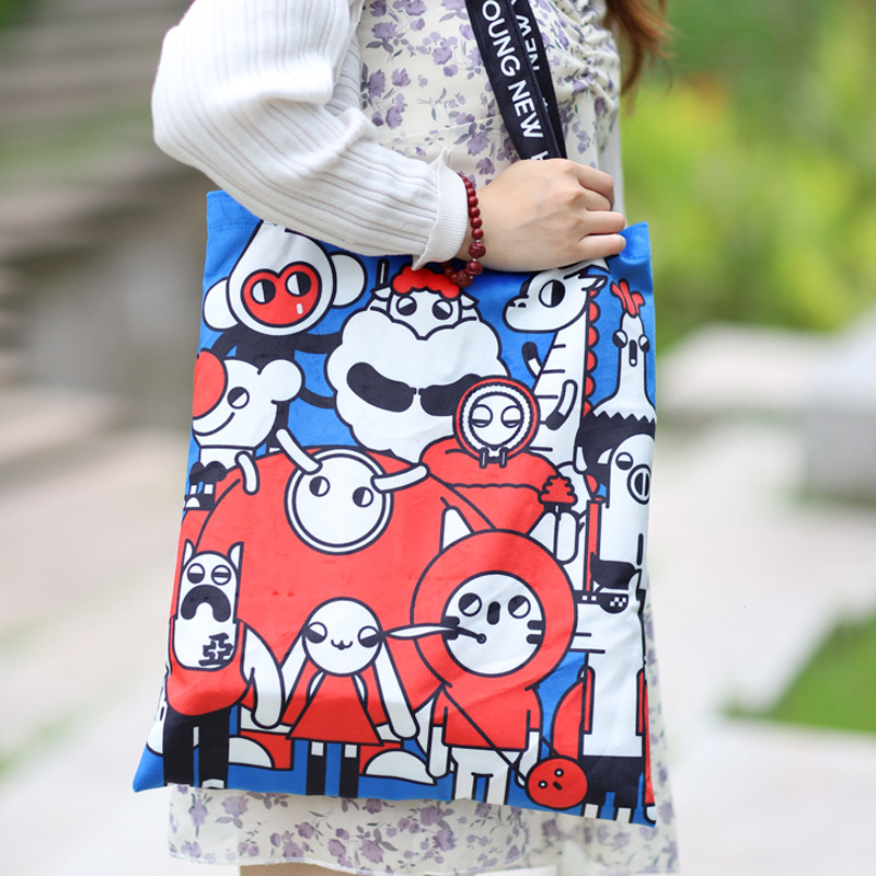 定制时尚帆布袋 满版印卡通帆布手提包 防水绒布袋潮流动漫帆布包