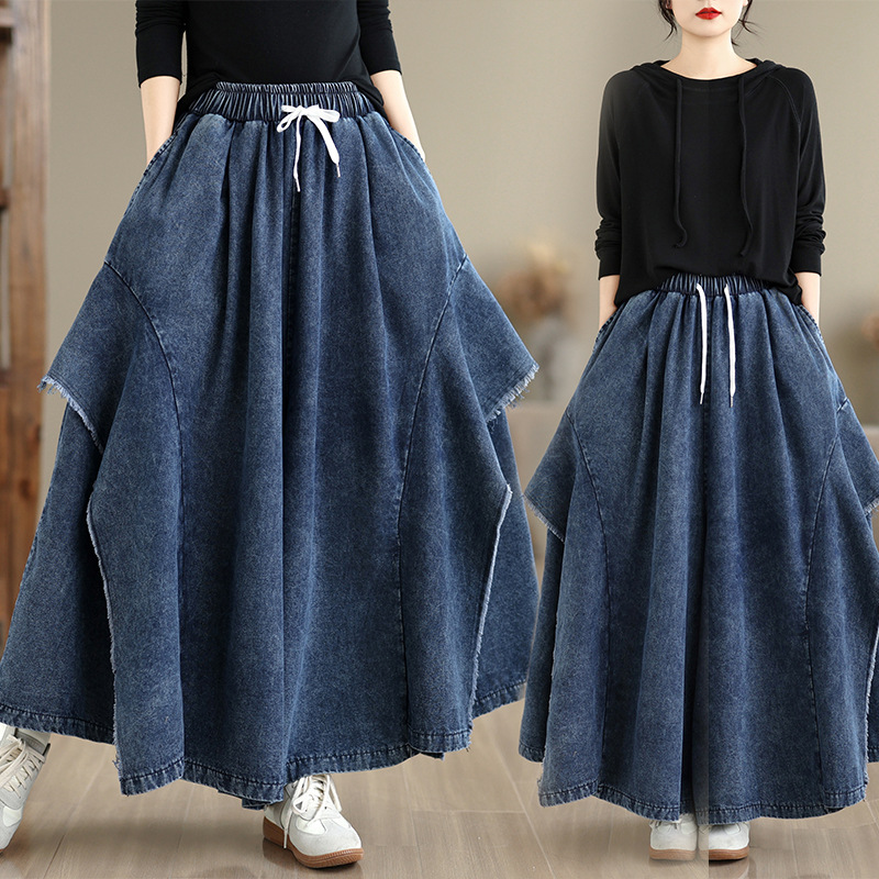 Loose Denim Pants with Unique Floral Patterns, Stylish and Trendy Floor-Length Pants, Wide-Leg Pants, Skirt Pants
