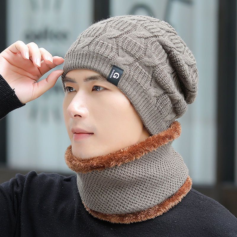 Autumn and winter new men's hat scarf set thickened plus velvet ear protection knitted hat solid color pile hat children