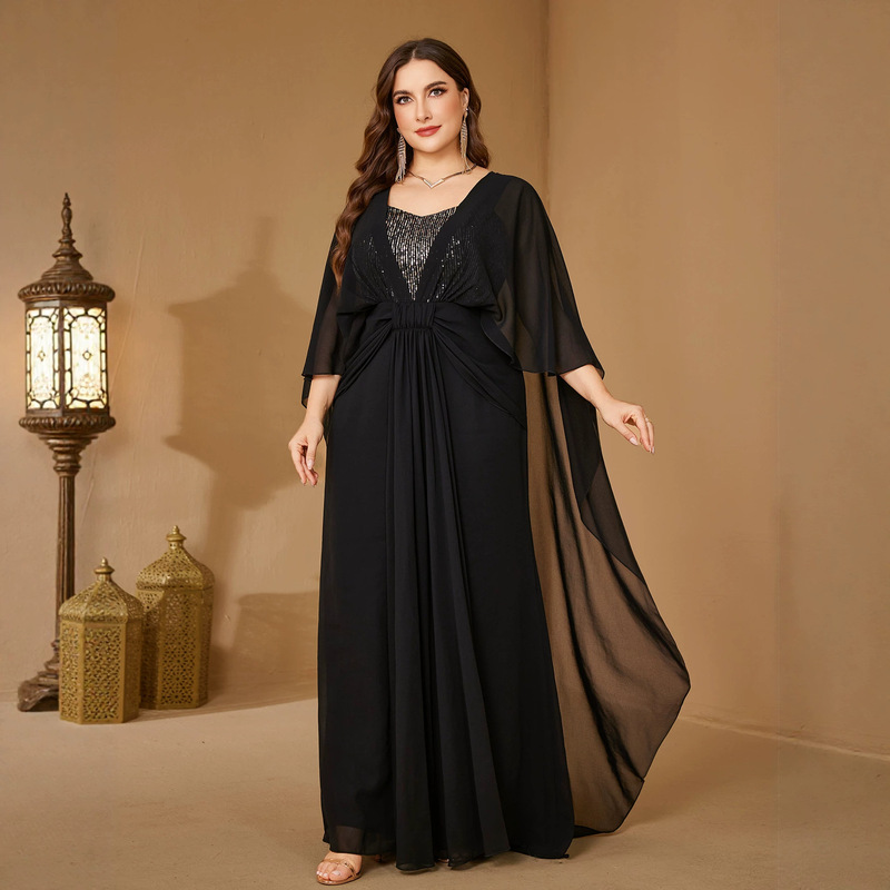 Plus-size women's sweetheart neckline batwing sleeve sequined black chiffon evening ball gown dress