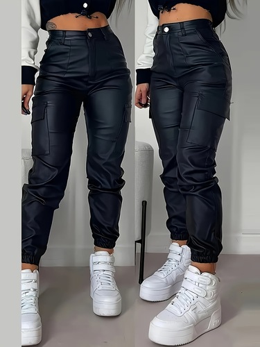 Multi-pocket Women's Coated Stretch Cargo Pants Jeans