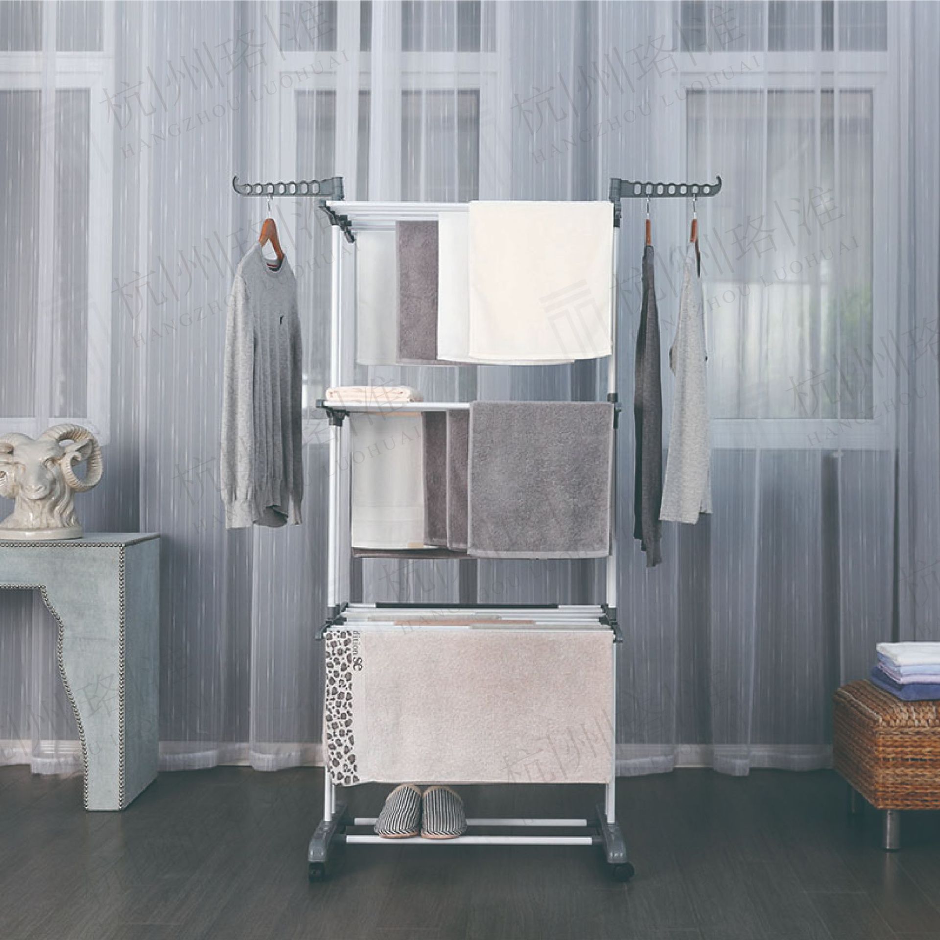 Perchero Multifunción Plegable con Ruedas, para Exterior/Interior