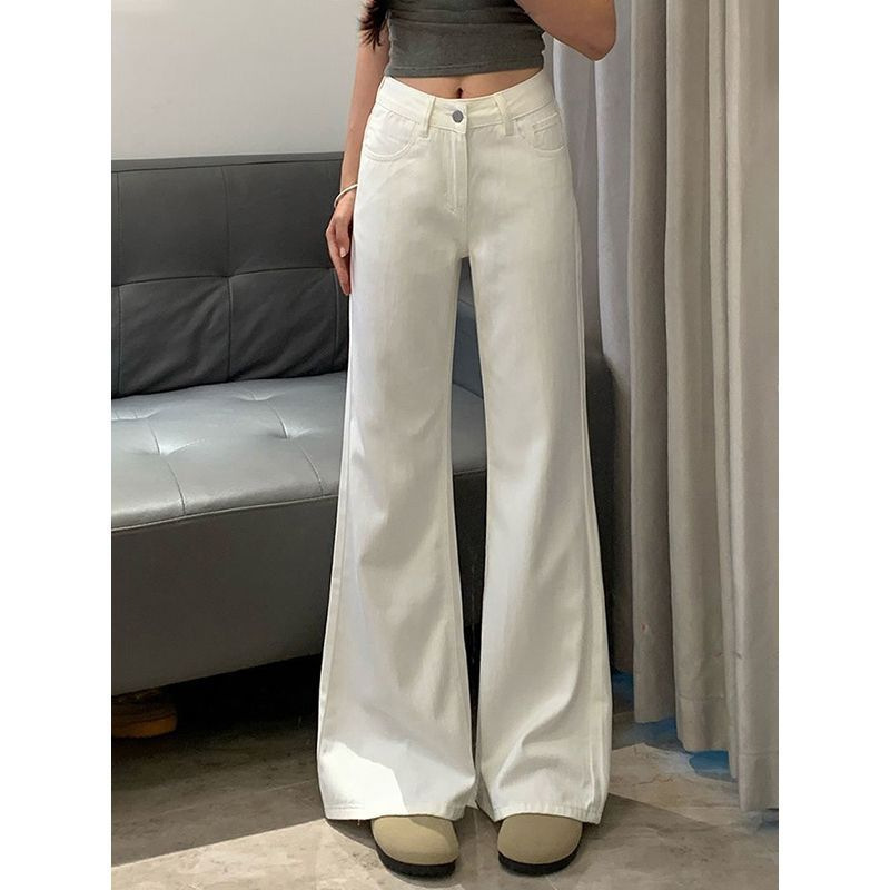 New spring-summer white non-tight-fitting micro-flare pure cotton jeans for women, high-waisted, slimming, versatile, loose wide-leg pants