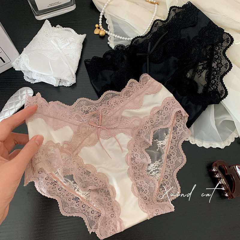 Sexy Underwear for Women French Accessible Luxury Pure Lust Lace Cross Satin Ice Silk Mesh Low Waist Underwear Girls Briefs