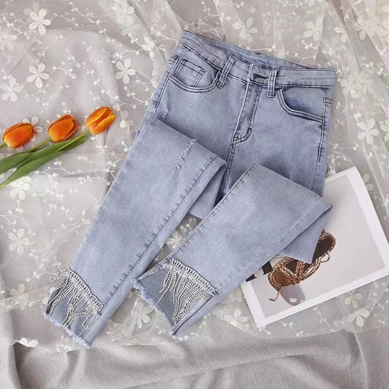 Light Blue Women's Jeans 2026 Summer New European Style Slim Fit Stretch Heavy-Duty Rhinestone Tassel Cigarette Pants Light Blue Women's Jeans 2026 Summer New European Style Slim Fit Stretch Heavy-Duty Rhinestone Tassel Cigarette Pants
