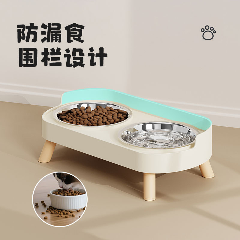 Tazón de comida para mascotas Tazón de acero inoxidable integrado con agua y comida Tazón doble para mascotas anti-volteo Tazón doble para proteger la columna cervical Alimentación de mascotas Tazón doble