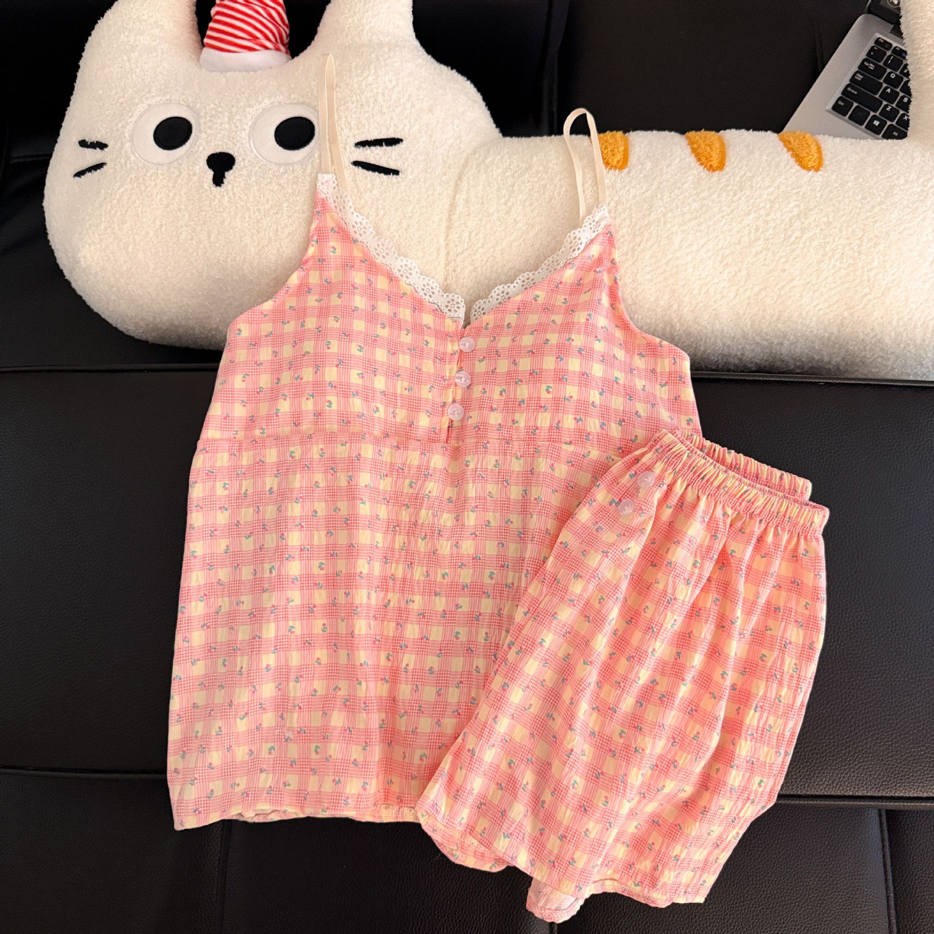 Pantalones cortos con cojín de pecho al por mayor transfronterizo pijamas de verano nuevo algodón nublado dulce conjunto de ropa de casa a cuadros