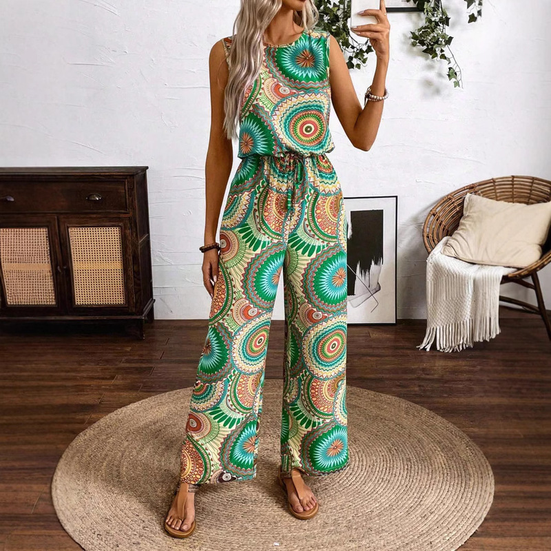 2024 European and American Cross-border Women's Clothing shein Amazon temu Foreign Trade Printed Jumpsuit Sleeveless Straight Jumpsuit
