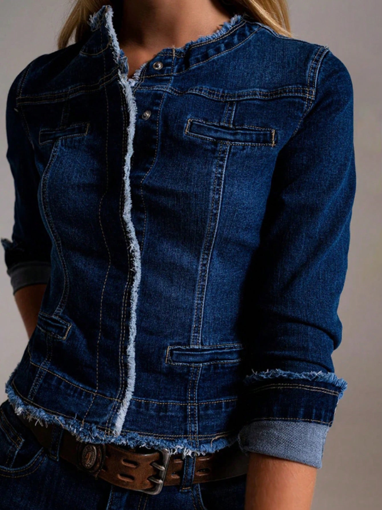 Women's Raw Edge Denim Jacket – Dark Blue, Inspired Cropped Style (S-XXL, European/US Sizing)_ecoleips.com