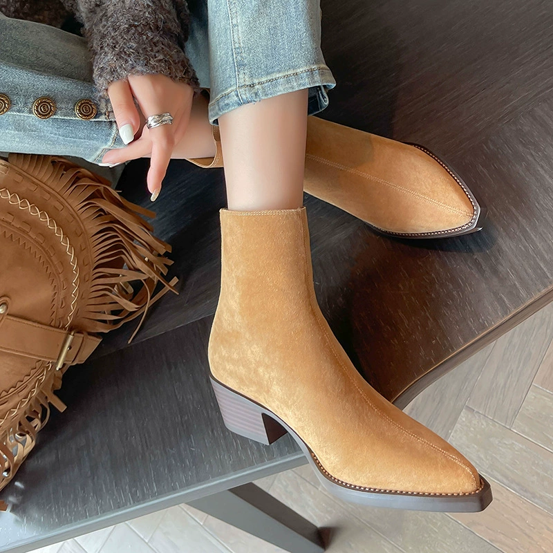 Рыцарские сапоги с острым носком на массивном каблуке женские осенне-зимние сапоги из натуральной кожи на коротком высоком каблуке тонкие сапоги из матовой кожи ретро темперамент короткие сапоги