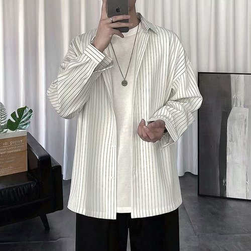 Striped shirt jacket for men, Hong Kong style, Japanese casual loose clothing, trendy black men's long sleeve shirt, summer thin