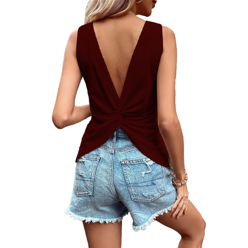 2024 Summer Amazon New Sexy Backless V-neck Waffle T-shirt Vest European and American Casual Sports Tops for Women