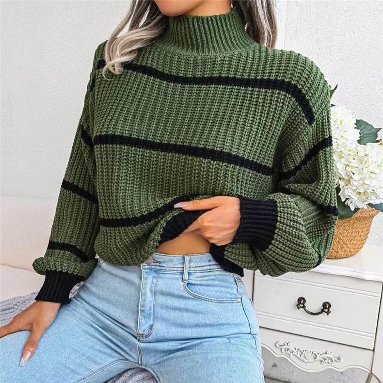 Lässiger, gestreifter Strickpullover mit Laternenärmeln und halbem Rollkragen für Damen im Damenbekleidungsstil_voghion.com