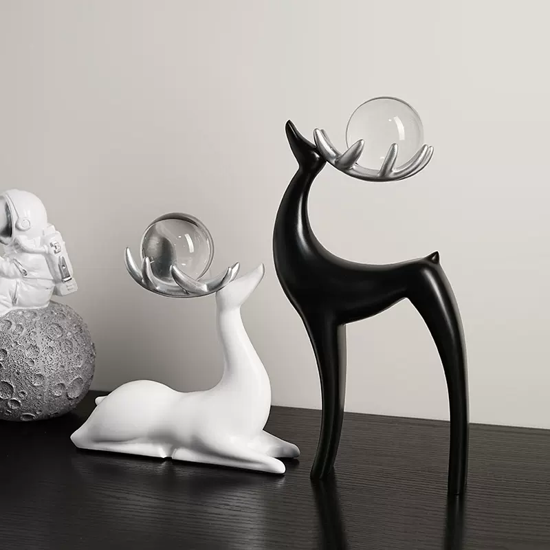 陶瓷黑白水晶麋鹿摆件家居客厅电视柜桌面装饰乔迁礼品厂家批发
