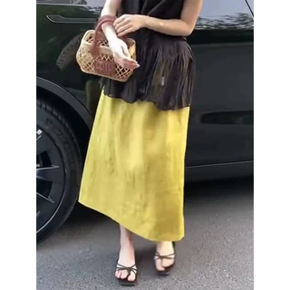 黄色亚麻半身裙2026年夏季新款女装高腰显瘦后开叉宽松遮胯A字裙