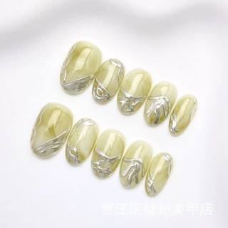 手工穿戴甲嫩黄绿色小众金属银线条短款椭圆甲片可拆卸美甲成品