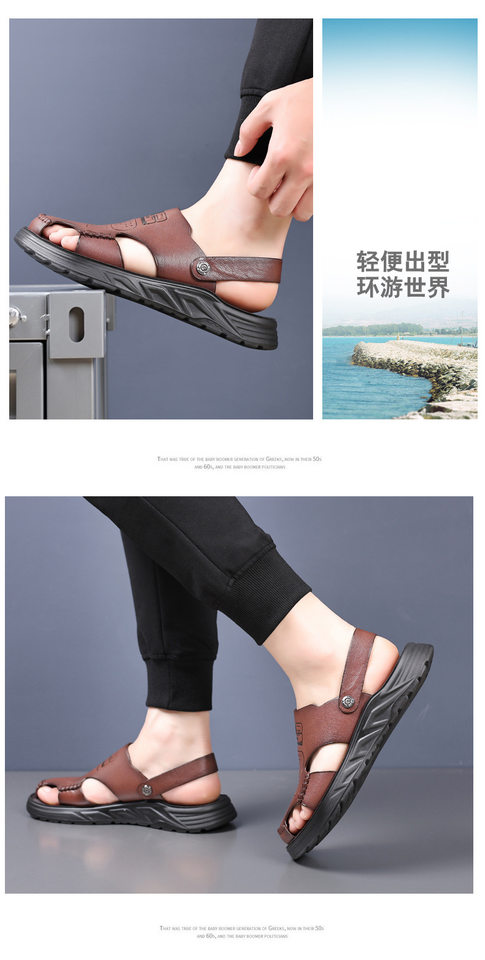 Dép sandal nam bít mũi da bò lớp đầu đế dày thoáng khí gót 3 cm — Màu nâu, Màu đen chi tiết 21