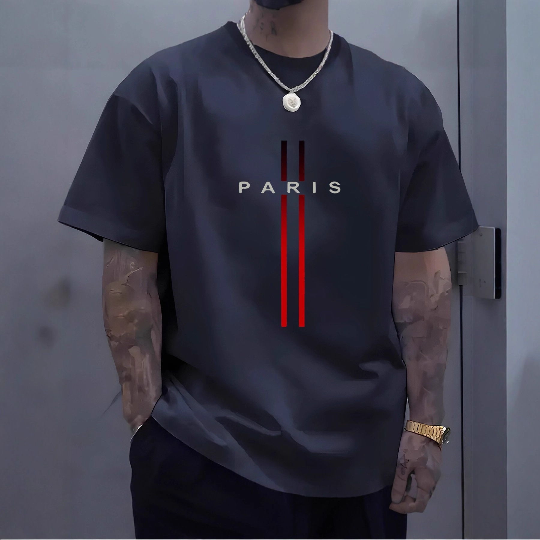 Summer Men's 100% Cotton Casual Loose Fit Plus Size Paris Letter Pattern Printed Round Neck Short Sleeves