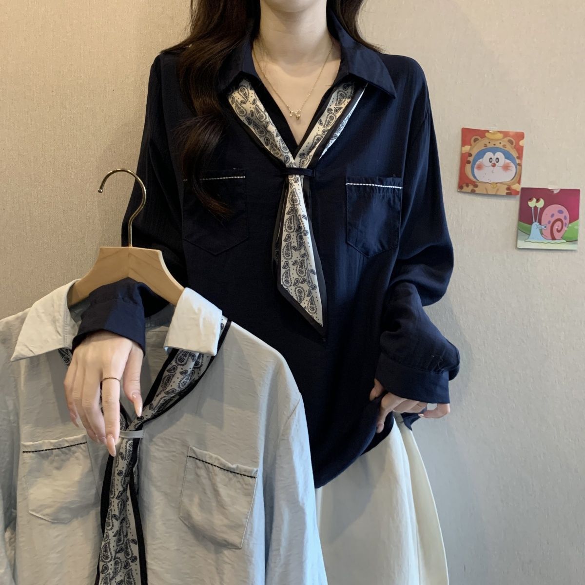 가을 신상 뚱뚱한 mm 루즈 슬리밍 탑 여성용 대형 고급 폴로 칼라 실크 스카프 긴팔 셔츠