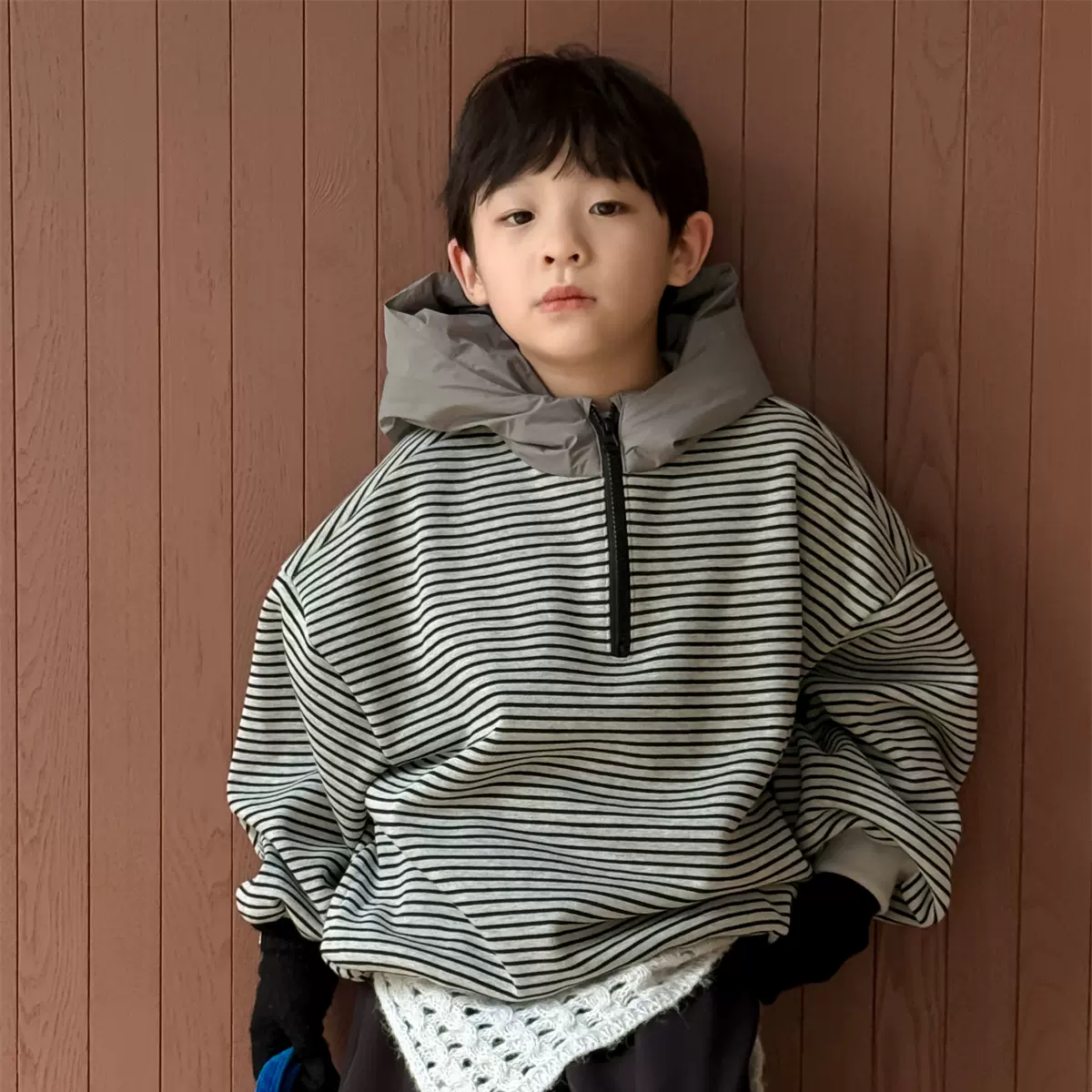 奶酪与喵童装男童卫衣2025秋冬新款韩版拼棉帽条纹卫衣休闲连帽衫