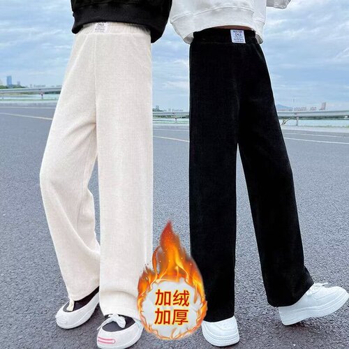 Women's Pants Autumn/Winter Style for Older Children, Stylish Casual Loose Wide Leg Pants with Fleece Lining for Outdoors