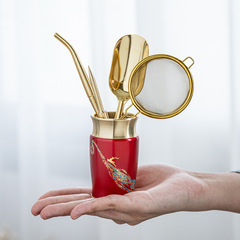 Lacquered pure copper tea ceremony Six Gentlemen set accessories Kung Fu tea set tea making tools tea knife clip spoon tea cup holder 6 pieces