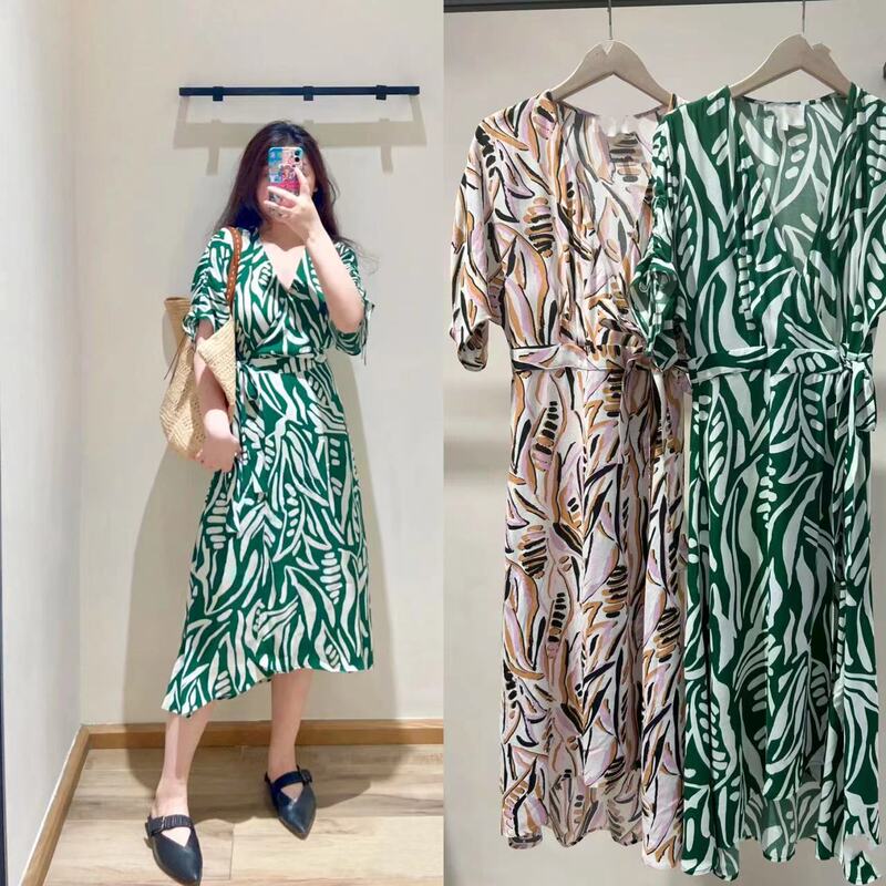 Ba's Sweet Dress Plus Size Drawstring Wrap Printed Dress French 2024 Summer Dress Floral Skirt