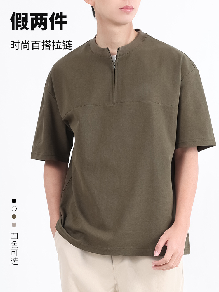 Camiseta de manga corta con media cremallera doblada para usar ropa falsa de dos piezas, camiseta legging casual de media manga, marca de moda