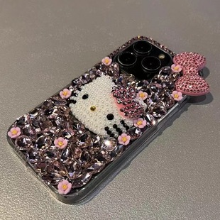 Bowknot pearl cat for apple 16PROMAX mobile phone case small flower rhinestone apple 16/15/14 protective cover