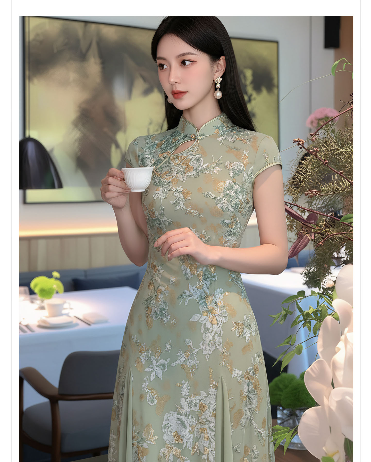 Đầm maxi nữ cổ đứng ren hoa thêu tay dài — Xanh lá cây nhạtcolor chi tiết 13