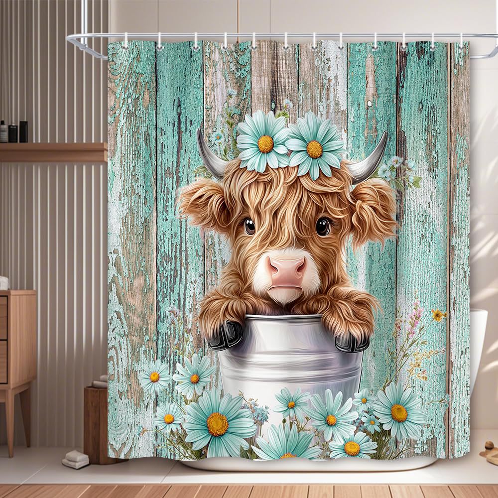 Cross-Border Shower Curtain Fun Highland Cow Farmhouse Daisy Flower Digital Printing Bathroom Toilet Waterproof and Mildew-Proof Partition