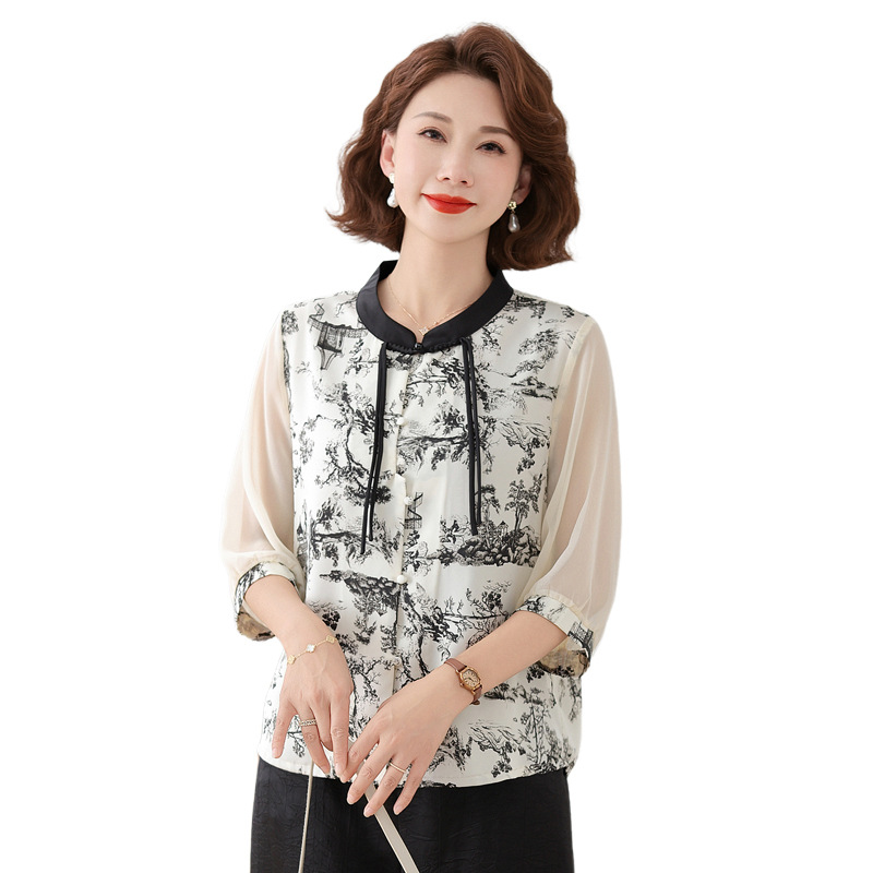 젊은 엄마 카디건 봄 쉬폰 셔츠 7부 소매 탑 새로운 중년 및 노인 봄 여름 여성을위한 중국 스타일 셔츠
