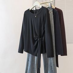 大码韩版纯色绑带长袖t恤女春秋季新款宽松显瘦遮肉时尚外穿上衣