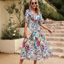 欧美速卖通夏季新款深V领收腰显瘦大花气质雪纺短袖连衣裙长裙女