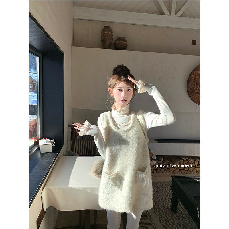 韩系温柔风高领白色打底衫女秋冬季时尚背心短裙打底衫两件套套装|undefined