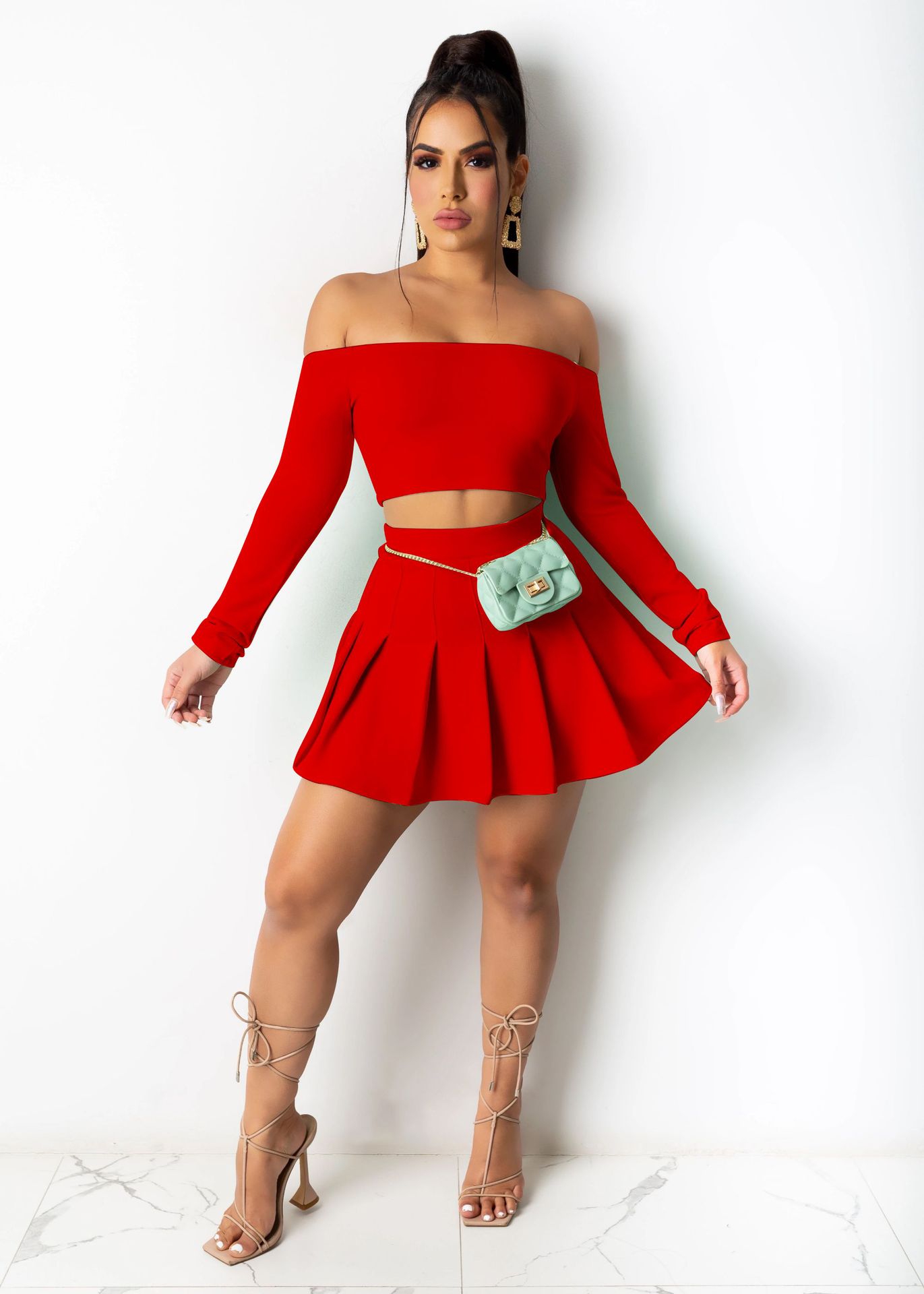 Pleated Solid Color One-Shoulder Long Sleeve Slim Top & Skirt 2 Piece Set NSFBS114851