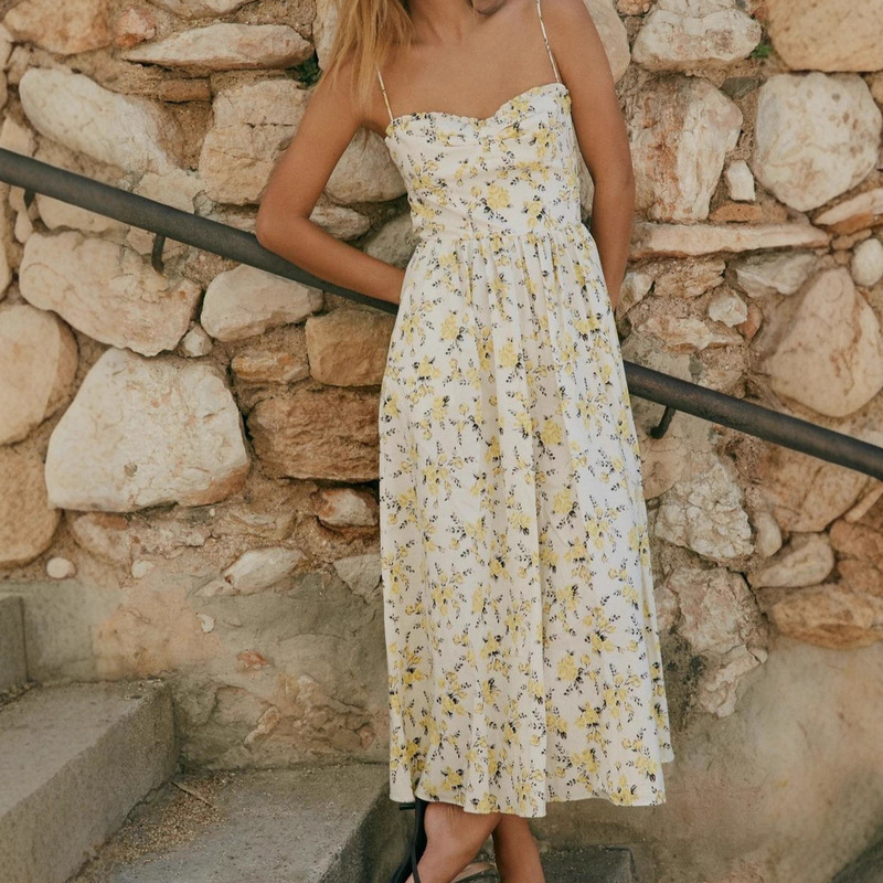 2025 Summer Retro French Style New Women's Vacation Style Hollow Out Printed Poplin Midi Strap Dress 2025 Summer Retro French Style New Women's Vacation Style Hollow Out Printed Poplin Midi Strap Dress