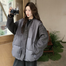 时髦感爆火毛呢拼接V领羽绒服女冬季2025年新款韩系90白鸭绒外套