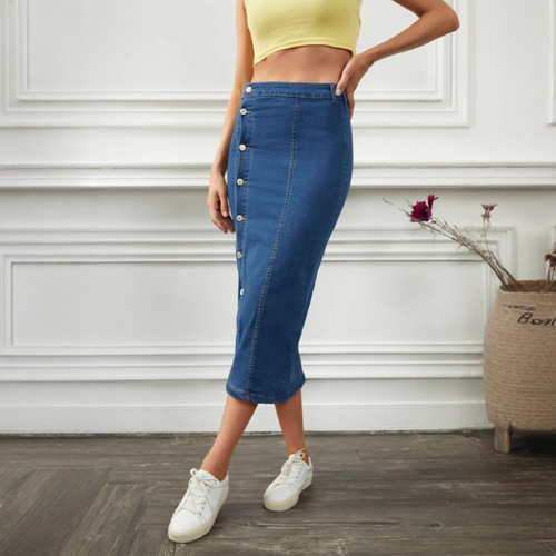 European and American women's multi-button stretch denim long skirt