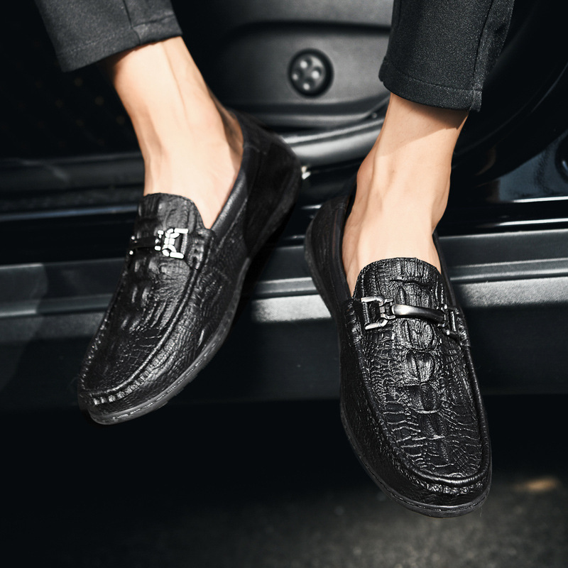 Autumn And Winter Men's Loafers, First Layer Cowhide Slip-On, Korean Style, Versatile British Lazy Crocodile Pattern Cas_vogvips.com