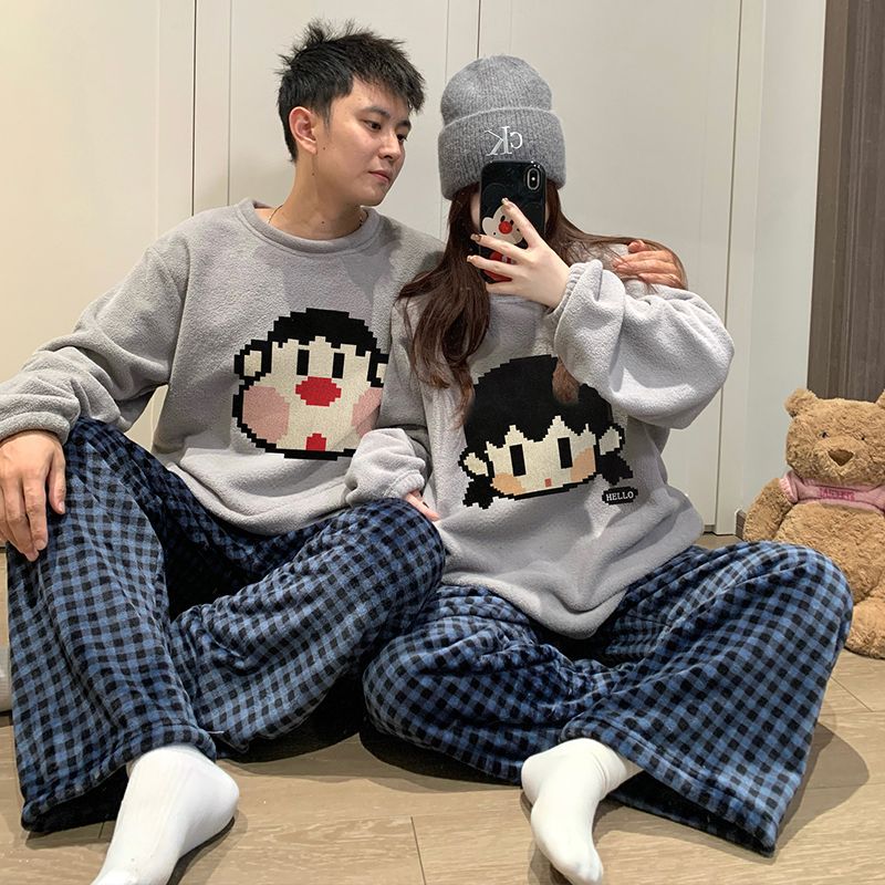 Sweet and Cute Cartoon Rice Velvet Pajamas Autumn and Winter Long-Sleeved Round Neck Couple Men's Home Wear Set Can Be Worn Outside