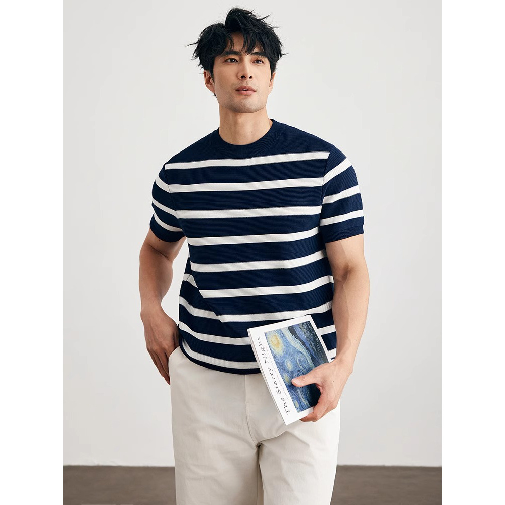 Prendas de punto de manga corta a rayas para hombres, seda de hielo de verano, traje delgado de negocios británico, camiseta interior, comercio exterior, venta al por mayor transfronteriza