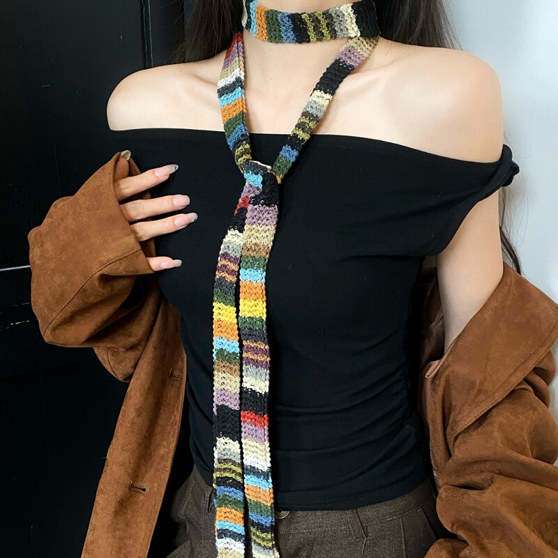 Japanese Retro Colorful Niche Knitted Thin Scarf for Women Summer Harajuku Style Fashionable Versatile Narrow Neck Warmer
