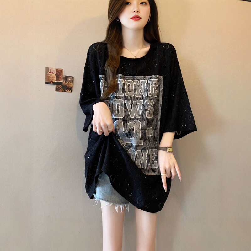 2026 Summer New Loose Fit Rhinestone Lace T-Shirt for Women, Mid-Length, Slimming, Sequin Print Short Sleeve Top