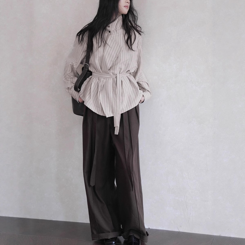【景悦】通勤百搭宽松高智感条纹系带高领衬衫上衣女秋季|undefined