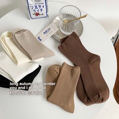 Summer and Autumn Brown Striped Knee-High Socks, Japanese Student Style Pile Socks, Gentle Milk Tea Color, Simple and Versatile Socks