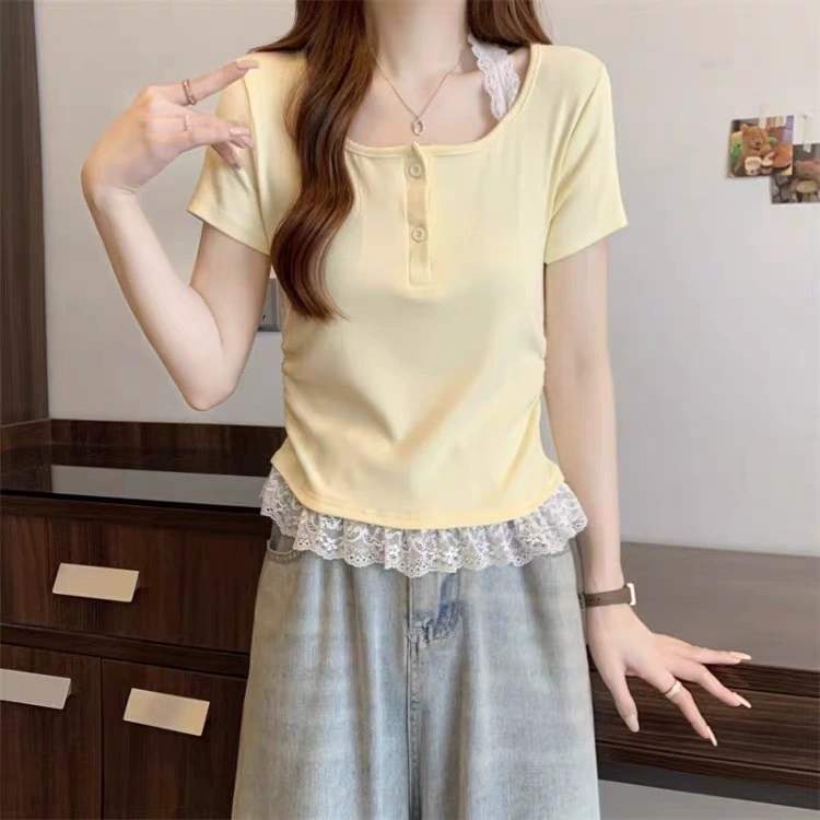 Приталенная футболка с коротким рукавом, кружевной низ, one size (женская)